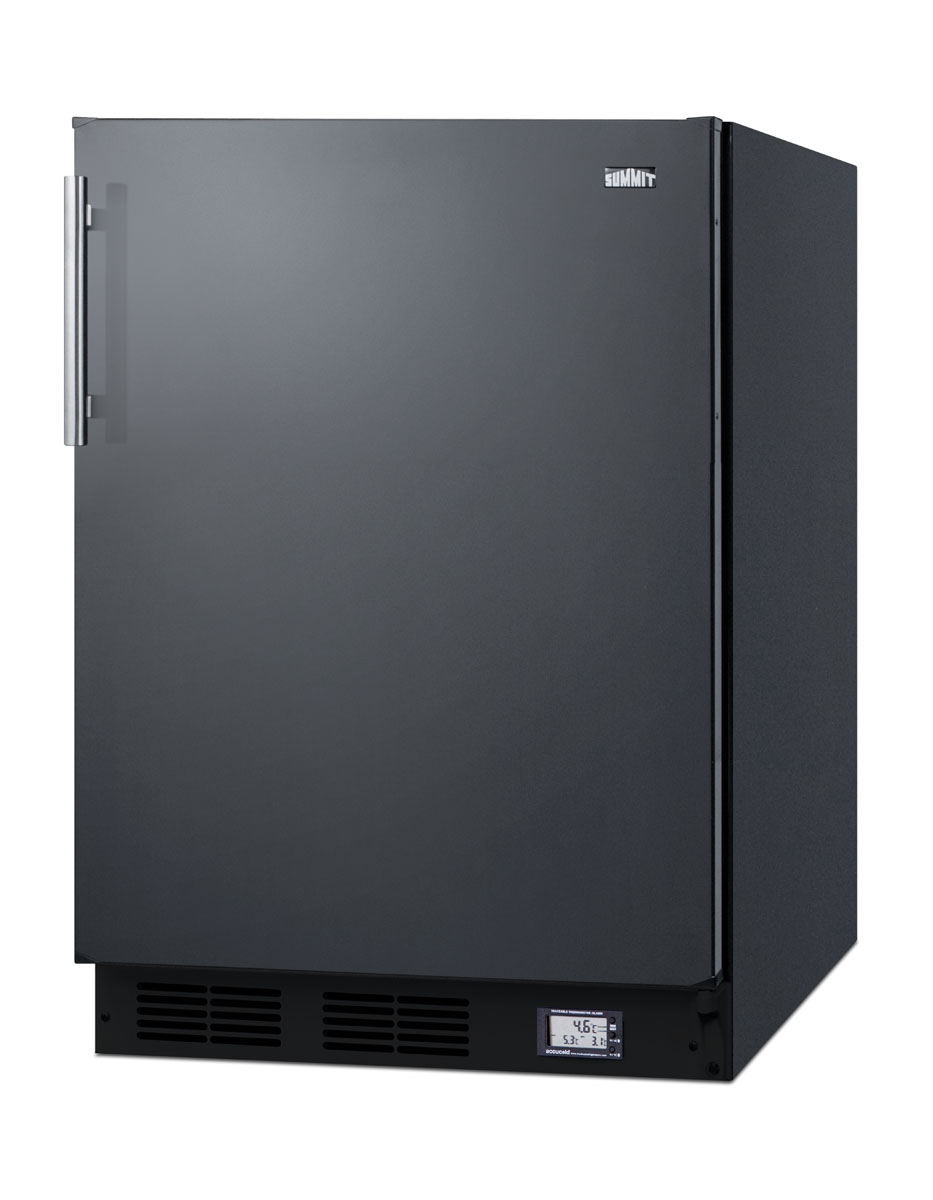 Counter height break room refrigerator-freezer in black with NIST calibrated thermometer and alarm